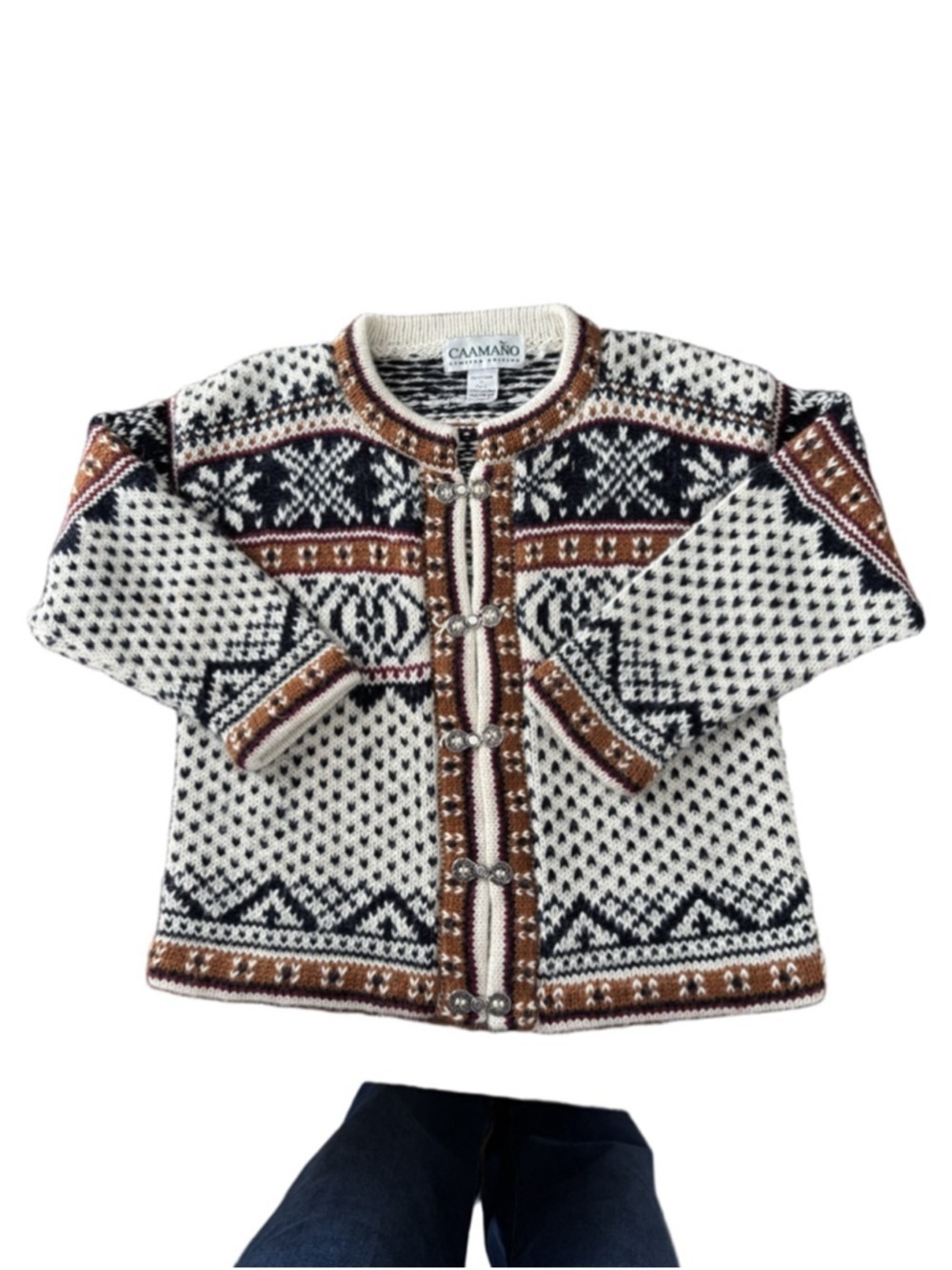 Women's CAAMANO Cardigan M White Brown Fair Isle Scandi Minimal